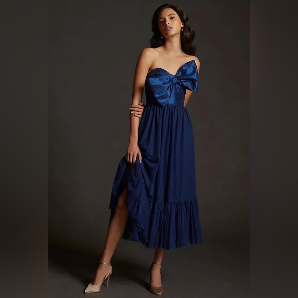 NWT Anthropologie HUTCH Brand Tulle Bow Tie Midi Party Dress 6 Navy Blue $230